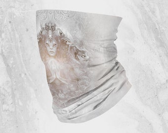 Goddess Tube Scarf | White & Grey | Psychedelic Visionary Art | Sacred Geometry Streetwear Techwear | Neck Gaiter Face Mask 100% Cotton