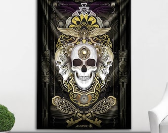 Skull Tapestry | Visionary Art Home Decor Wall Hanging | Psychedelic Wall Art | Skull Altar Biker Badass Tattoo Design Art Dark Graphic Art