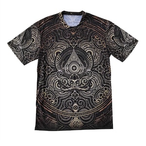 Sacred Geometry T-Shirt | Black & Gold Print Visionary Art Clothes | Motorcycle Tattoo Art Streetwear | Psychedelic Gifts for Men