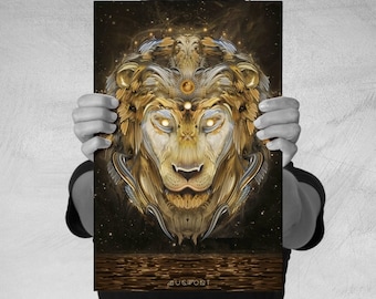 Lion Wall Art | Paper Print | Home Decor | 11x17 | Big Cat Brass Tiger Lion | King of the Jungle | Mugwort Psychedelic Visionary Art