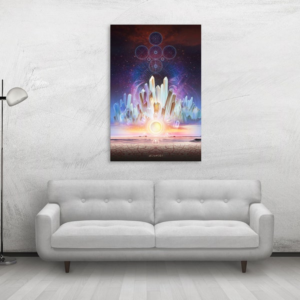 Crystal Wall Art | Canvas Print | Home Decor | Two Sizes | Sacred Geometry Sunset Spiritual Yoga Art | Mugwort Psychedelic Visionary Art