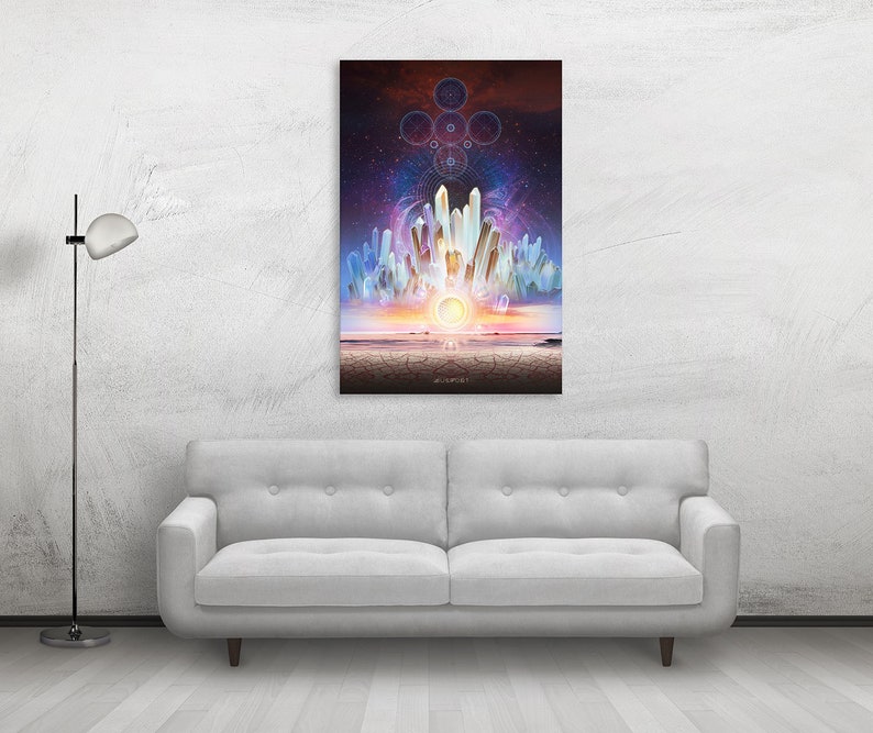 Crystal Wall Art Canvas Print Home Decor Two Sizes Sacred Geometry Sunset Spiritual Yoga Art Mugwort Psychedelic Visionary Art image 1