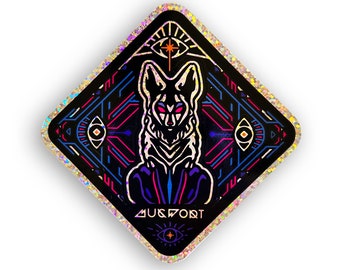 Geometric Fox Sparkle Sticker | Sacred Geometry Jackal Design Vinyl Decal | Trippy Psychedelic Visionary Art Rainbow Planner Sticker