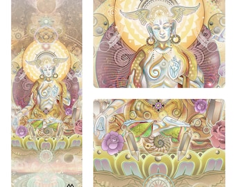 Puede incluir: Una ilustración colorida y detallada de una figura meditando con alas, rodeada de intrincados patrones y símbolos. La figura está sentada en una flor de loto sobre un fondo dorado. La imagen tiene un tema espiritual y místico.