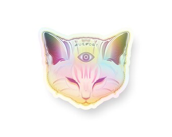 Holographic Cat Sticker | Vinyl Indoor Outdoor Sticker | Laptop Decal | Kawaii Pastel Bumper Sticker | Mugwort Psychedelic Visionary Art