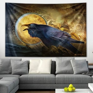 May include: A tapestry featuring a dark blue raven with its wings spread, perched on a rock in front of a golden moon with a geometric pattern. The background is a swirling mix of gold and blue, with a variety of circular patterns.