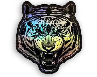 Tiger Holographic Sticker | Snarling Roaring Tiger Rainbow Vinyl Indoor Outdoor Decal | Psychedelic Colour Changing Original Art Sticker