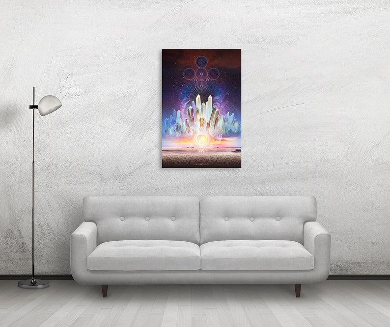 Crystal Wall Art Canvas Print Home Decor Two Sizes Sacred Geometry Sunset Spiritual Yoga Art Mugwort Psychedelic Visionary Art image 2