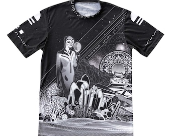 Surreal Art T-Shirt | Black & White Print Visionary Art Clothes | Owl | Crystals | Techwear | Psychedelic Gifts for Men | Gift for Teen