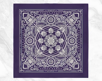 100% Cotton Bandana | Purple & Silver | Mugwort Psychedelic Visionary Art | Skull Key Bones Motorcycle Streetwear Scarf | Designer Face Mask