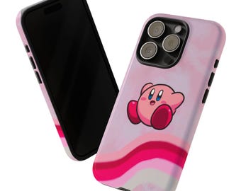 May include: Pink phone case with a pink and white swirl design and a cartoon pink character with a red heart on its chest. The case has a camera lens cutout and a black border.