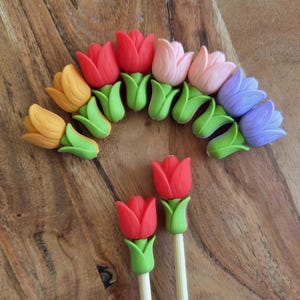 May include: A collection of colorful tulip-shaped decorations. The tulips are in shades of orange, red, pink, and purple, with green stems and leaves. Two red tulip decorations are attached to wooden sticks.