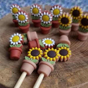 Könnte beinhalten: Ein Set mit 12 Miniatur-Topf-Sonnenblumen mit braunen Töpfen und grünen Blättern. Die Sonnenblumen haben gelbe Blütenblätter und braune Zentren. Zwei der Sonnenblumen befinden sich auf Holzspießen.