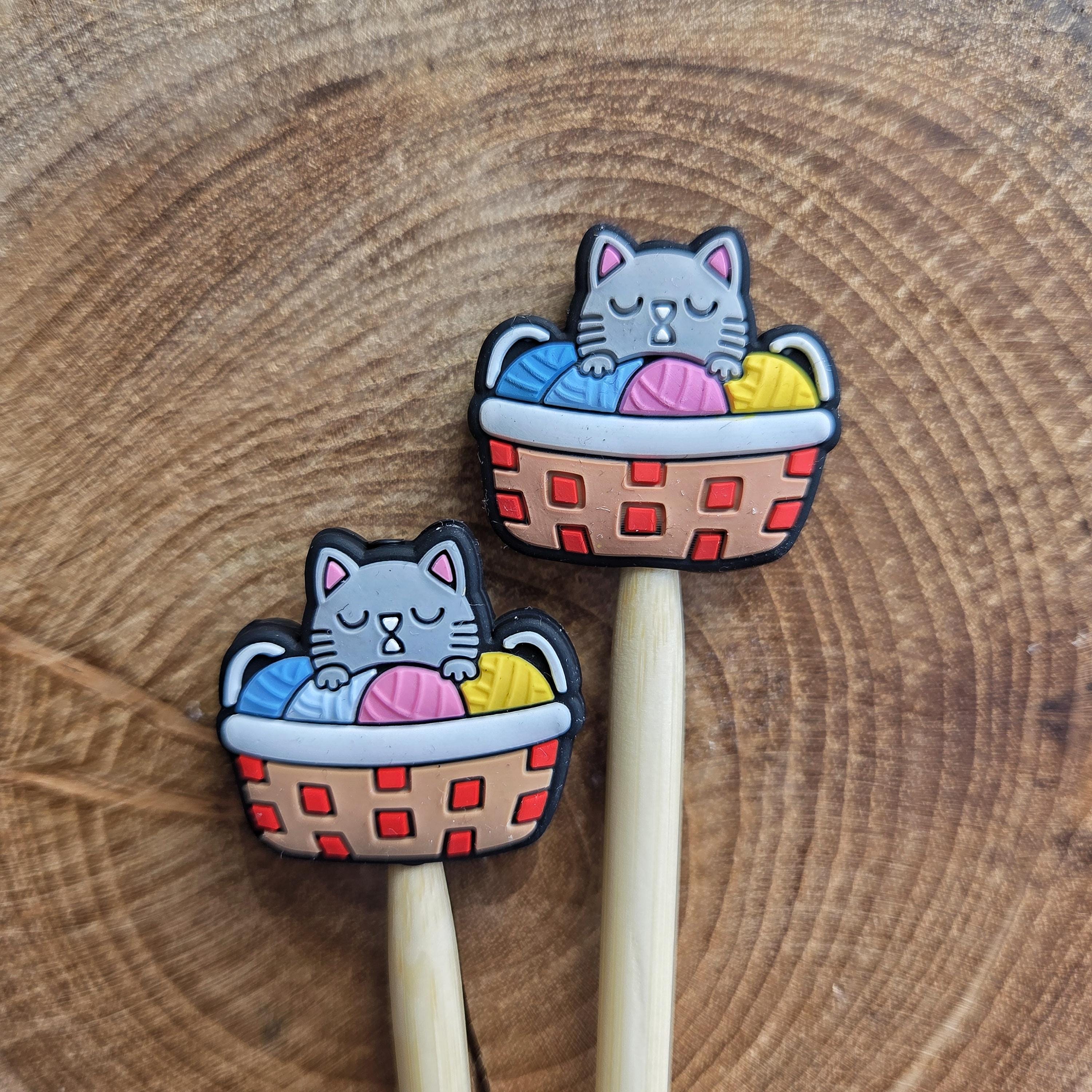 Cat-in-Yarn-Basket Knitting Needle Stoppers, Pair