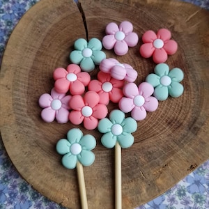 Puede incluir: Surtido de adornos para pasteles en forma de flor de color rosa pastel, azul claro y verde con centros blancos. Los adornos están en palitos de madera y están dispuestos sobre una superficie de madera.