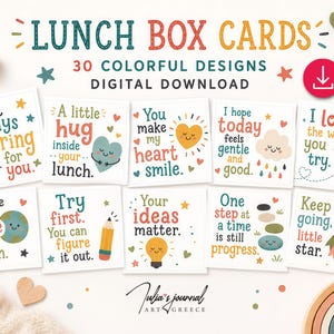 30 tarjetas para la lonchera infantil con mensajes motivadores y diseños coloridos (descarga digital).