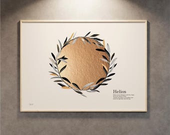 May include: Framed art print featuring a gold textured circle surrounded by a wreath of olive branches in black, silver, and gold. The word "Helios" is printed in black, along with text describing Helios. The artist's signature is in the bottom left corner.
