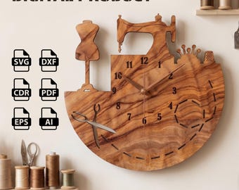 Wandklok naaien SVG | Lasergesneden bestand voor kamerdecoratie | Naaister cadeau houten klok DXF | Glowforge-sjabloon | Vectorontwerp CNC-router