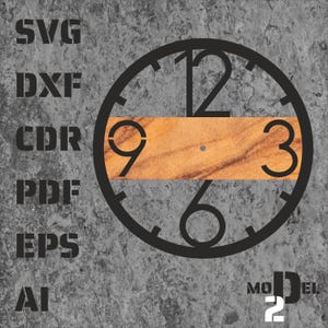 May include: Black and white clock face with a wood accent. The numbers 9, 12, 3, and 6 are visible. The clock face is on a gray background with the text "SVG, DXF, CDR, PDF, EPS, AI" and "MODEL 2" in black.