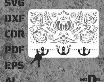 Blommig nyckelhållare SVG | Laserskuren väggorganisatörsfil | Glowforge-mall | Folkkonst trähylla för entrén | CNC-fräsvektordesign