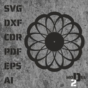 Puede incluir: Descarga de archivo digital en blanco y negro de un diseño geométrico con un círculo en el centro. El diseño es similar a una flor con múltiples capas de pétalos. El texto "MODEL 2" está en la esquina inferior derecha de la imagen.