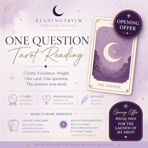 Peut inclure: Publicité pour des lectures de tarot. L'image présente une carte de tarot avec un croissant de lune, le texte "ONE QUESTION Tarot Reading", et des détails sur le service, y compris "Lecture intuitive" et "Réponse personnalisée".
