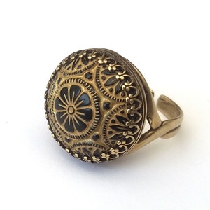 Antique Bronze Vintage Moroccan Style Ring, Vintage Black and Gold Czech Glass Mosaic Cabochon, Adjustable Ring, Also in  Antique Silver