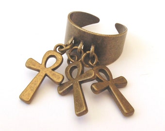 Ankh Ring, Adjustable Bronze Ankh Ring, Egyptian Ankh Cross, Boho Ring, Festival, Ethnic Ring, Wide Bronze Ring, Also in Silver