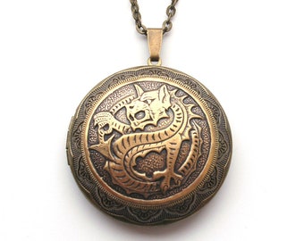 Large Dragon Locket Necklace in Bronze, English Mythology, St George, Welsh Dragon Legend, Keepsake, Choose Your Length