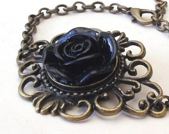 Gotische armband met zwarte roos van filigraanbrons, vintagestijl, zwarte bloem, verstelbare lengte
