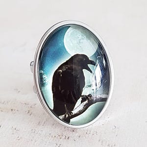 Raven and Moon Gothic Ring in Silver, Full Moon Crow Bird Poe Inspired Ring, Adjustable Silver Plated Statement Ring
