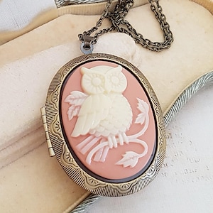 Owl Cameo Locket, Wise Owl Peach and Cream Vintage Victorian Style Bird Locket Necklace, Antiqued Bronze or Gunmetal, Choose Your Length
