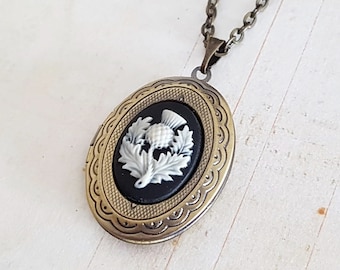 Scottish Thistle Locket Necklace in Bronze, Vintage Style Thistle Cameo Locket, Scotland, Flower Locket, Keepsake, Choose Your Length