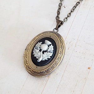 Scottish Thistle Locket Necklace in Bronze, Vintage Style Thistle Cameo Locket, Scotland, Flower Locket, Keepsake, Choose Your Length