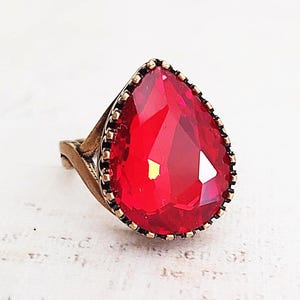 Ruby Red Crystal Teardrop Ring in Antique Brass, Faceted Vintage Red Glass Crystal Adjustable Ring, Also in Antique Silver