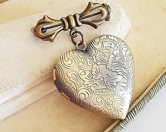 Bronzen hart medaillon boeket pin broche, ruimte voor 2 foto's