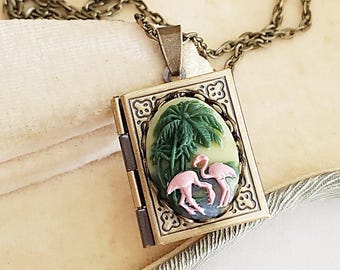 Flamingo Cameo Book Locket Necklace, Florida, Tropical, Antique Bronze, Choose Your Length