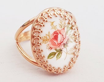 Romantic Pink Rose Ring, Adjustable Rose Gold or Yellow Gold Plated Ring