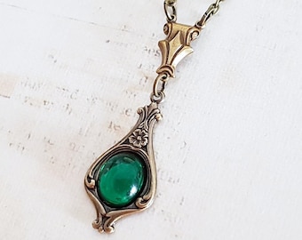 Vintage Emerald Jewel Art Nouveau Necklace in Antique Brass, Green Czech Glass Cabochon, Choose Your Length