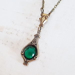 Vintage Emerald Jewel Art Nouveau Necklace in Antique Brass, Green Czech Glass Cabochon, Choose Your Length