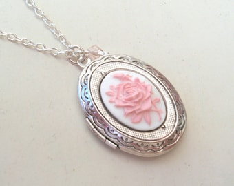 Vintage Pink Rose Locket Necklace in Silver, Flower Cameo Locket, Keepsake, Photo Locket, Choose Your Length