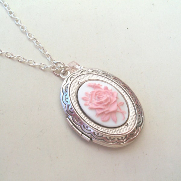 Vintage Pink Rose Locket Necklace in Silver, Flower Cameo Locket, Keepsake, Photo Locket, Choose Your Length