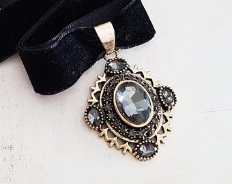 Grey Crystal Jewel Drop Choker in Light Gold with Black Velvet, Choose Your Length, or Grey Velvet