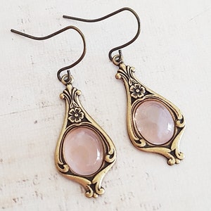 Rose Quartz Drop Earrings in Antique Brass, Romantic Victorian Inspired Pink Gemstone Jewellery, Bronze or Surgical Levers, Wires or Clips