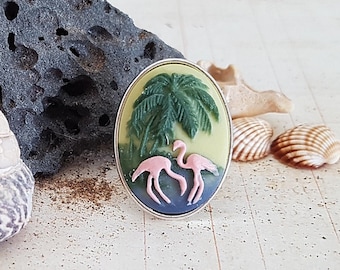 Pink Flamingo Cameo Ring, Antique Silver Plated Plain Edge Setting, Kitsch, 50s Style, Tropical Ring