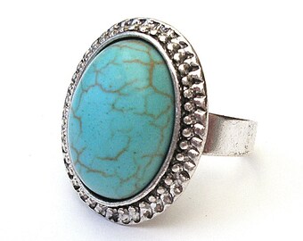 Turquoise Ring in Antiqued Silver, Elizabethan Style Adjustable Ring, Boho Blue Ring