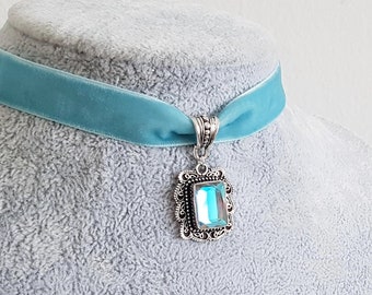 Blue Velvet Choker with Shimmering Jewel Drop, Vintage Regency Victorian Style Choker, Antique Silver, Pastel Blue, Choose Your Length