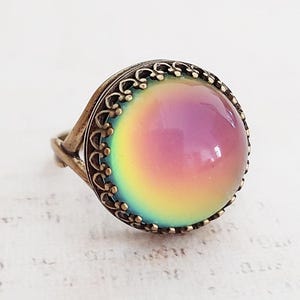 Bronze Round Mood Ring, Vintage Style Adjustable Mood Stone Ring, Colour Changing, Quality Setting, Also Sterling Silver, Rose Gold, Gold