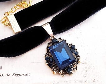 Sapphire Blue Jewel Choker with Black or Midnight Blue Velvet Ribbon, Choose Your Length