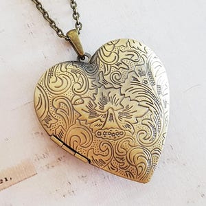 Big Engraved Heart Locket Necklace in Antique Bronze, Choose Your Length